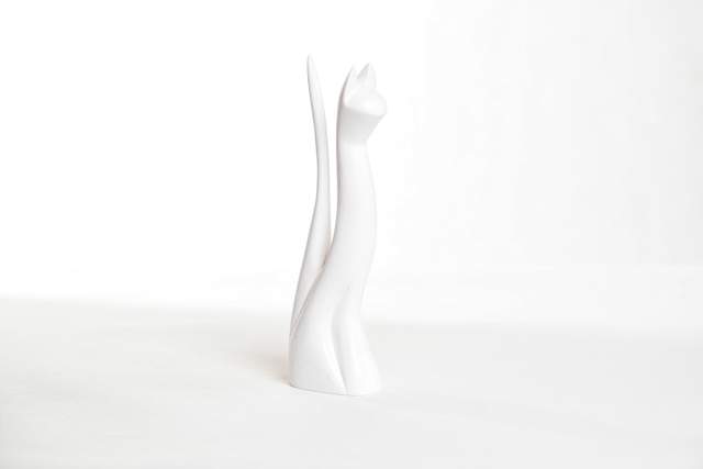 Drewniana kot, biały, kolor długi, szpiczasty, lekko wygięty do tyłu, tułów smukły, długi, uszy małe, lekko szpiczaste